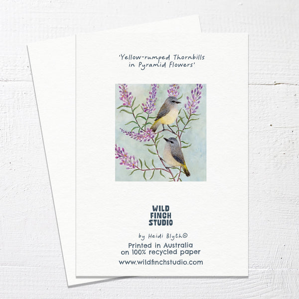 YELLOW RUMPED THORNBILLS IN PYRAMID FLOWERS - Greetings Card