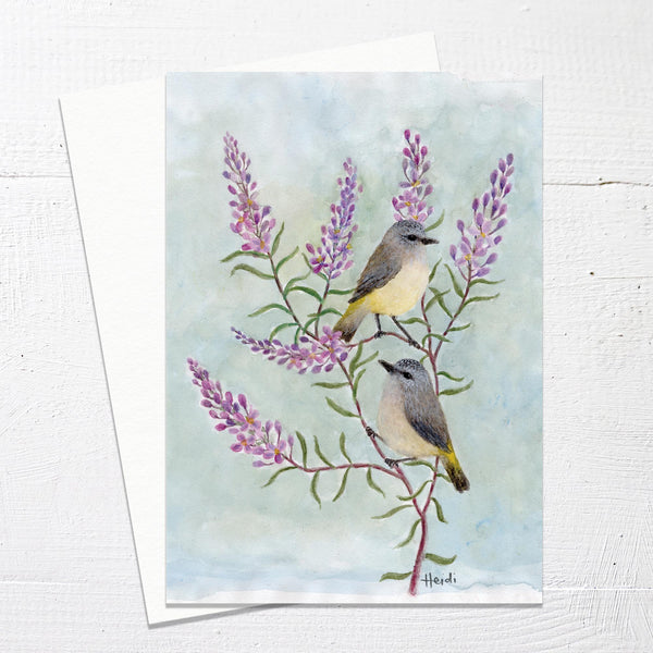 YELLOW RUMPED THORNBILLS IN PYRAMID FLOWERS - Greetings Card