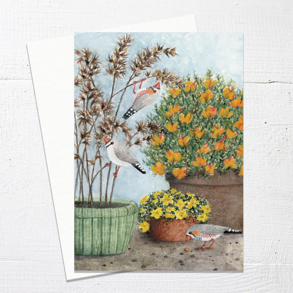 ZEBRA FINCHES GARDEN VISIT - Greetings Card