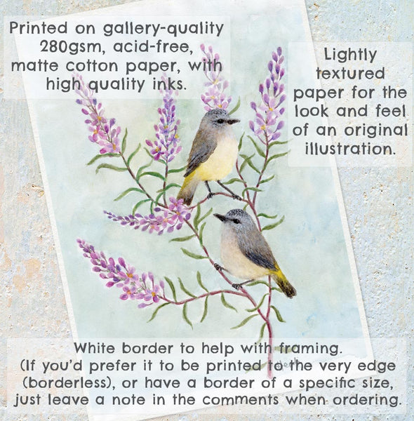 YELLOW RUMPED THORNBILLS IN PYRAMID FLOWERS - Art Print