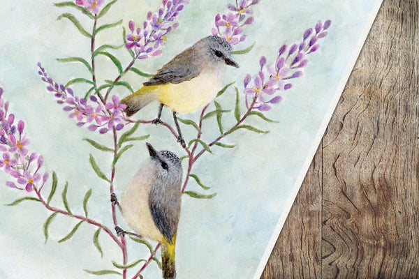 YELLOW RUMPED THORNBILLS IN PYRAMID FLOWERS - Art Print