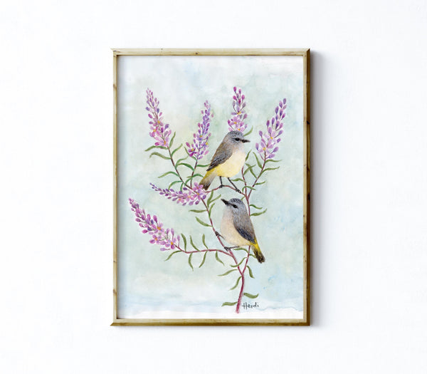 YELLOW RUMPED THORNBILLS IN PYRAMID FLOWERS - Art Print
